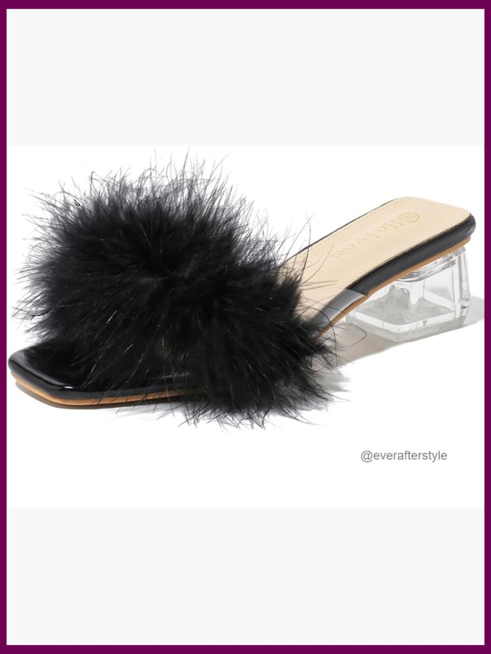 Clear Square Toe Low Block Chunky Heel Mules with Fluffy Feathers Slip On